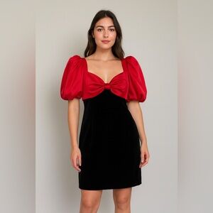 Jessica McClintock Red & Black Cocktail Dress – Puff Sleeve Holiday Christmas